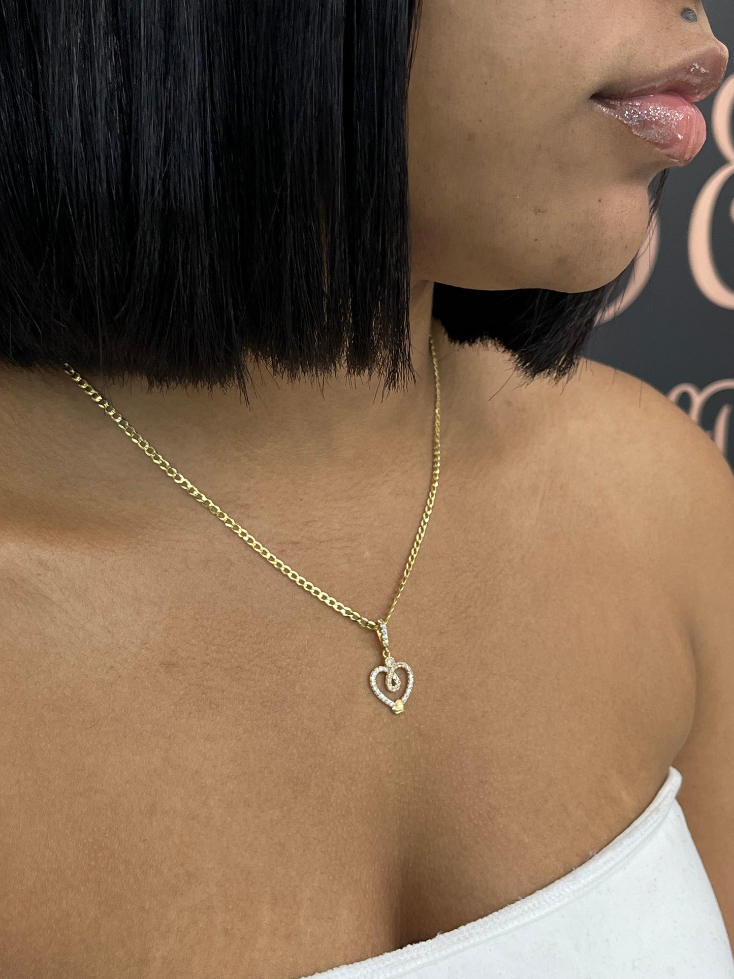14K Flat Cuban Chain with Heart Pendant with CZ Stones