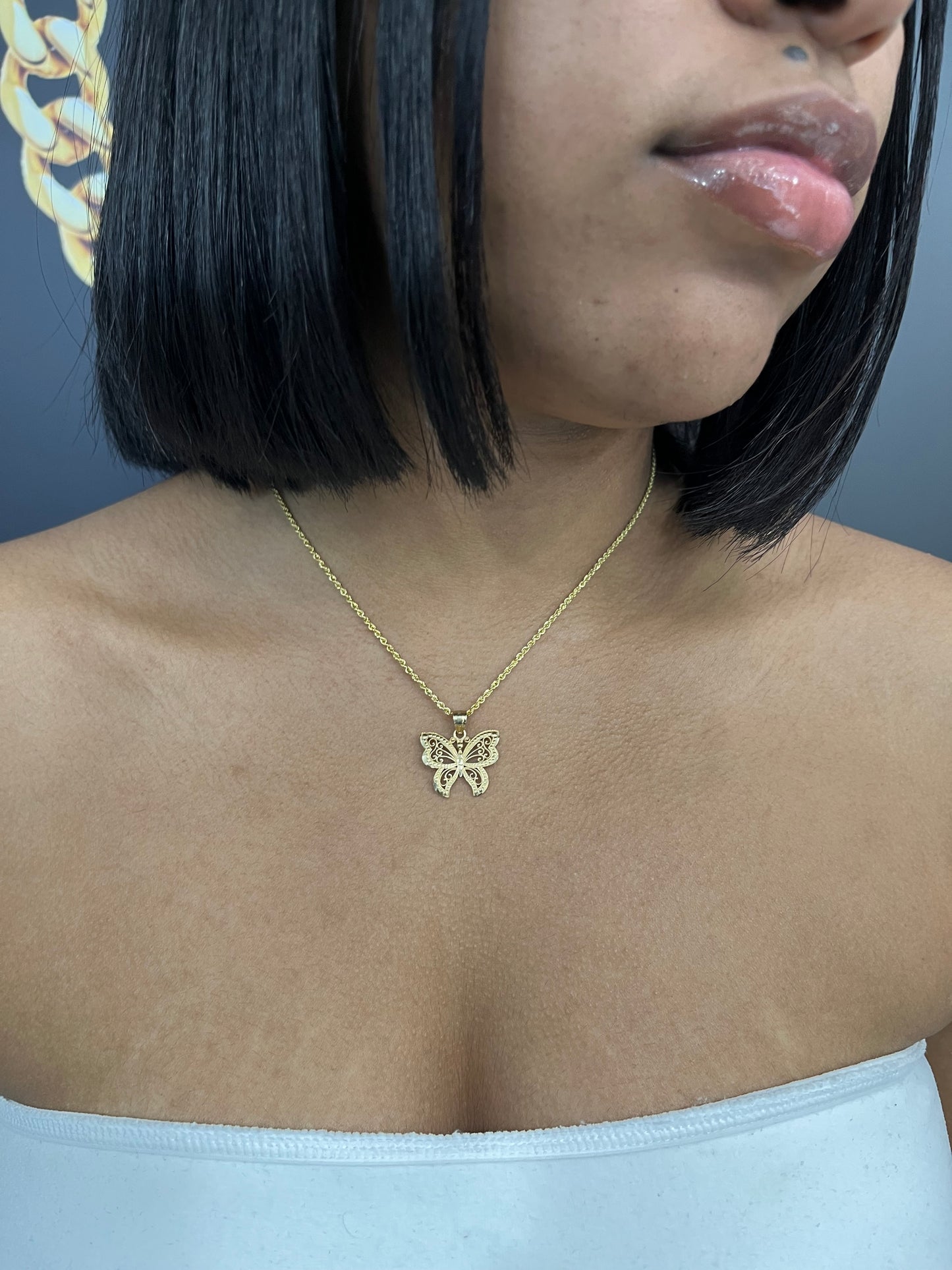 14K Rope Chain with Buttlefly Pendant with CZ Stones