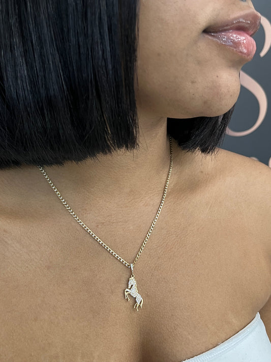 14K Flat Cuban Chain Two Tones with Horse Pendant