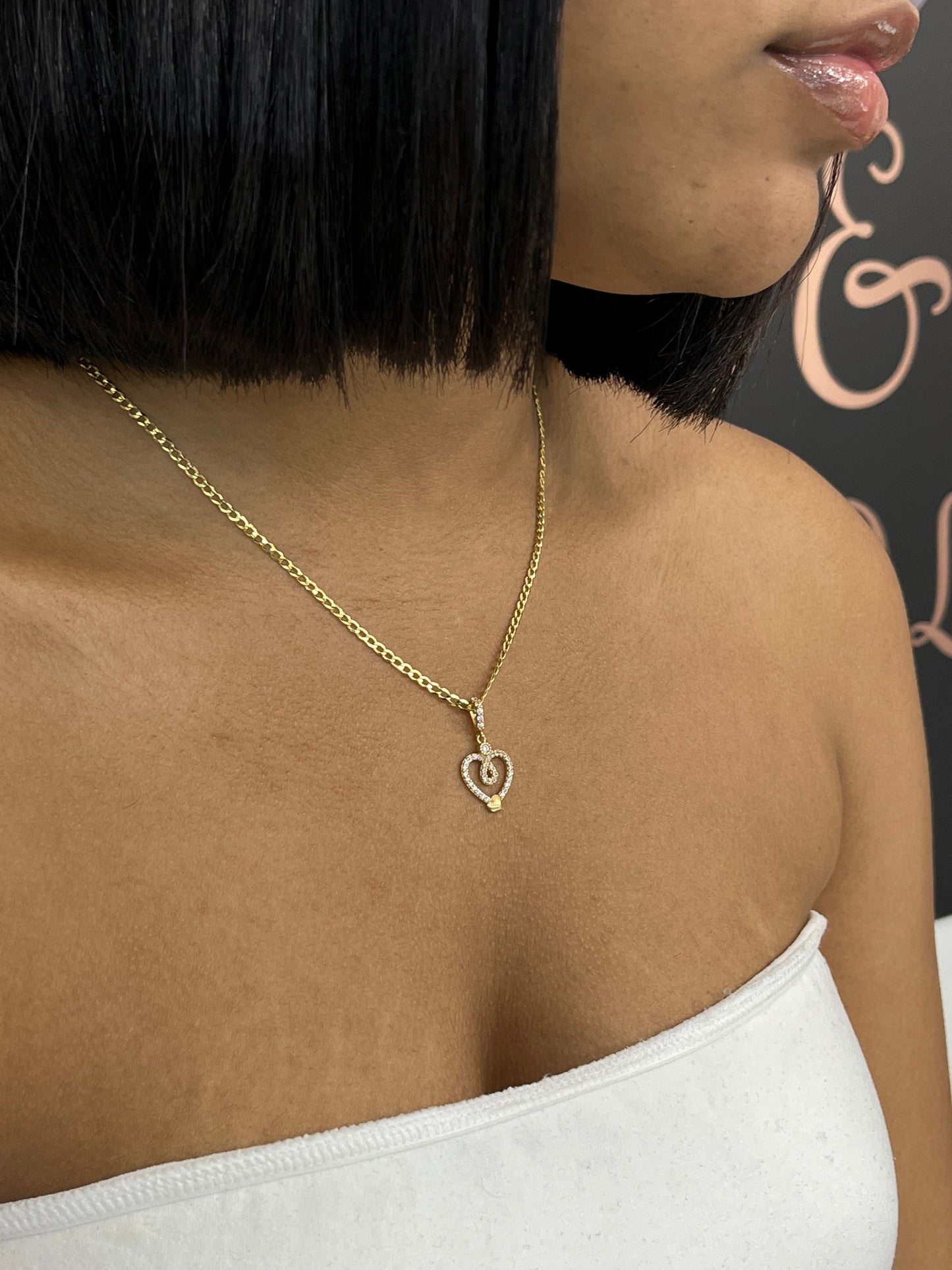 14K Flat Cuban Chain with Heart Pendant with CZ Stones