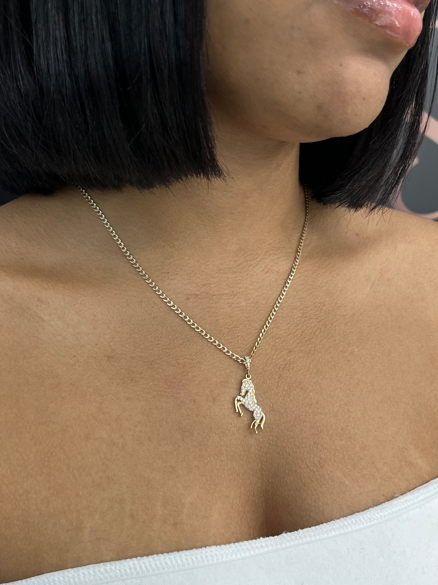 14K Flat Cuban Chain Two Tones with Horse Pendant